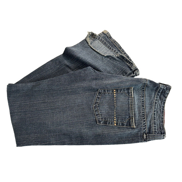 GLO Jeans Blue Boot Cut Junior Sz 11 Dark Wash Distressed Hem, Pockets - Picture 1 of 16